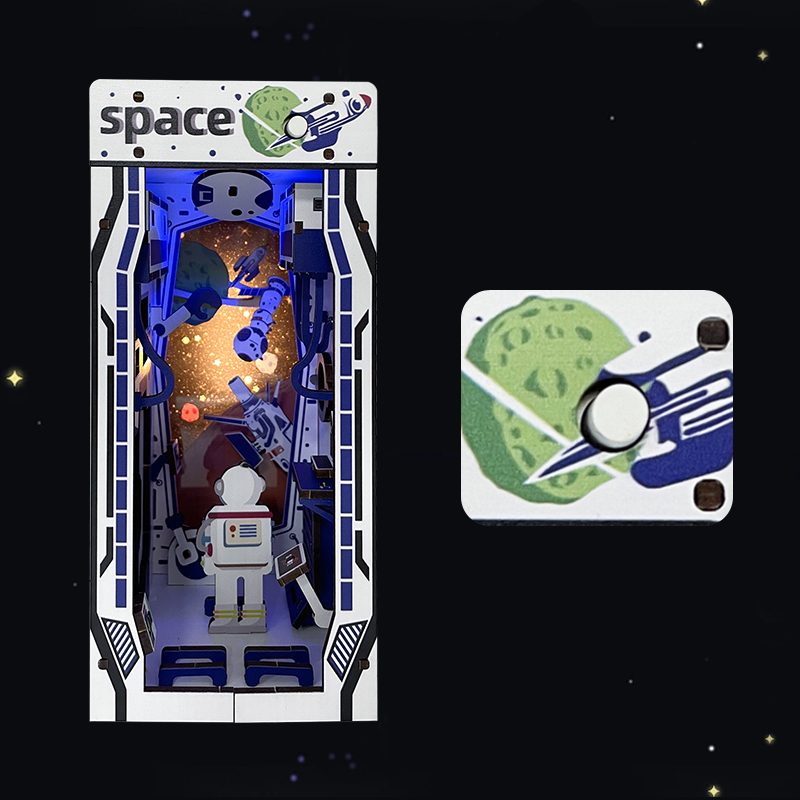 Space World DIY Assembled Bookend, Exquisite Astronaut-Themed Wooden Craft with LED Light Effect, Creative Bookshelf Insert Decor for Space Enthusiast