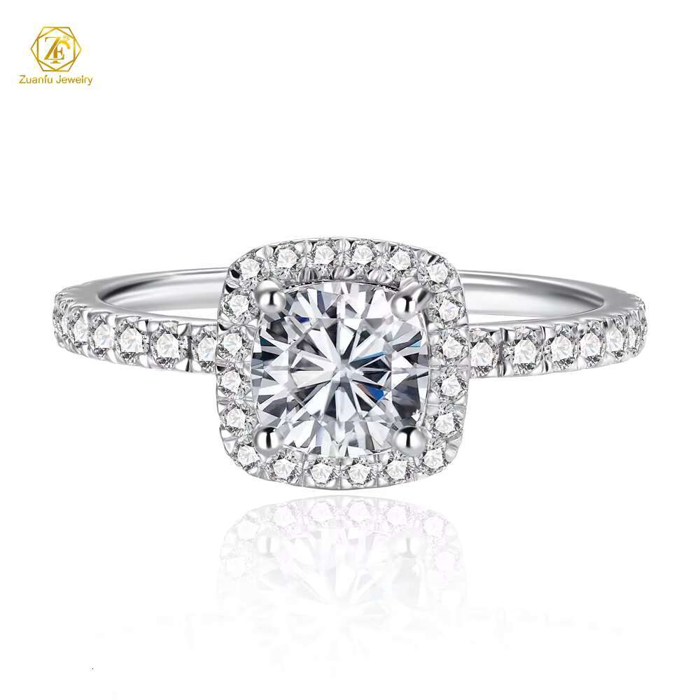 ZuanfoJewelry Custom 1CT 6x6mm 925 Sterling Silver Moissanite Solitaire Women Engagement Wedding Ring Halo Ring With Women