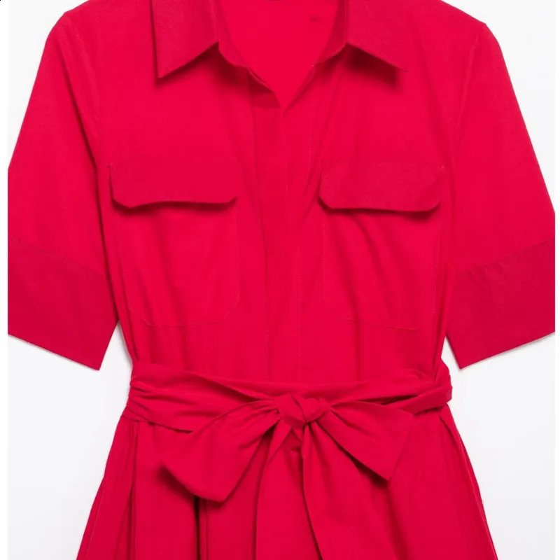 Wxw4809 Red Belt Aline Casual Shirt Womens Short Sleeve Ultra Thin High Waist Folded Midi Dress Polo Neck Spring 250411