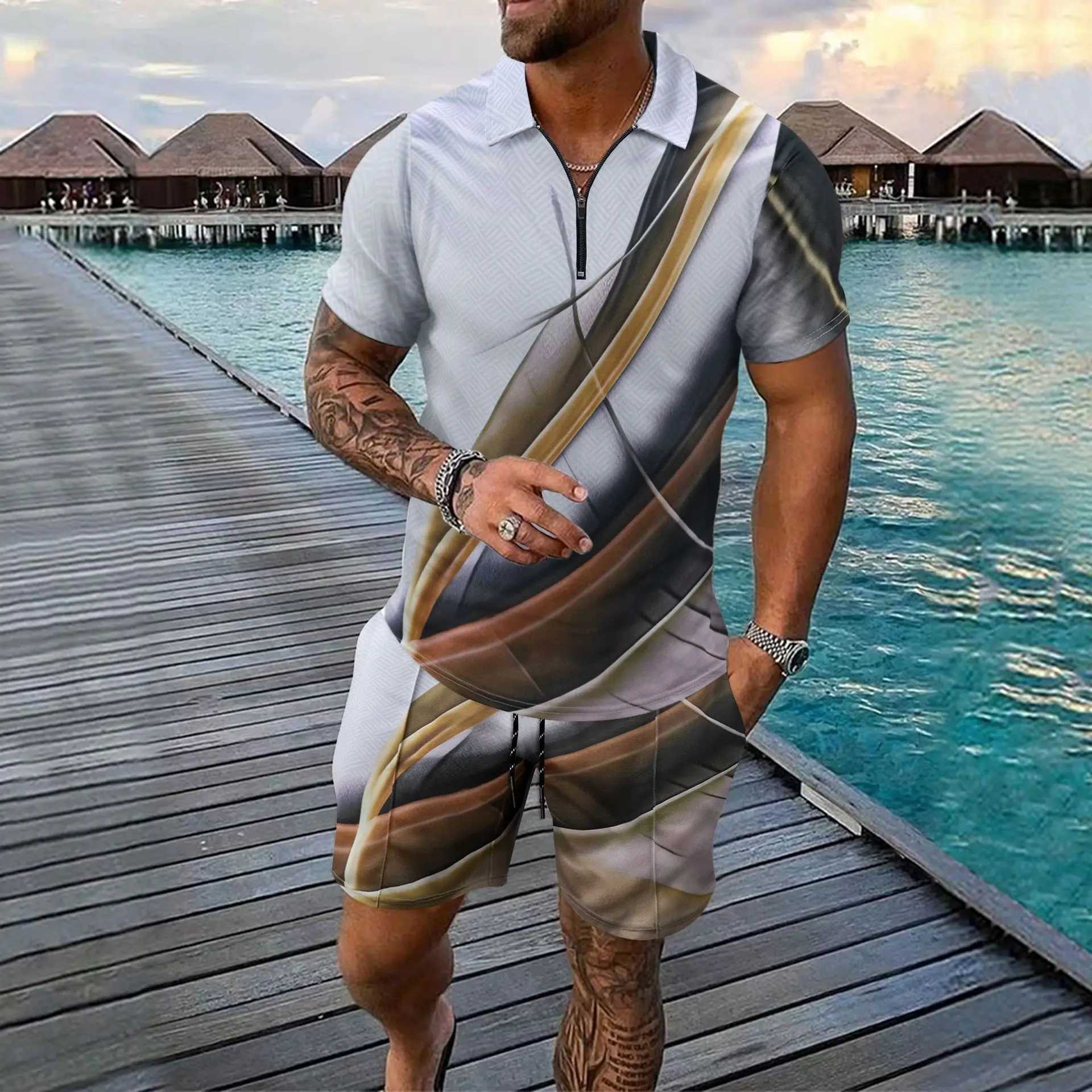 Casual fashion zipper short sleeved mens summer T-shirt top and pants outdoor two-piece setXJ250412