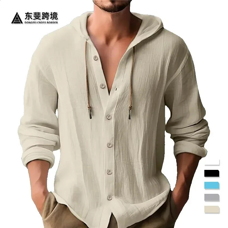 2025 Spring and Summer Mens Hooded T-shirt Solid Color Cotton Linen Mens Casual Long-sleeved Top 250411