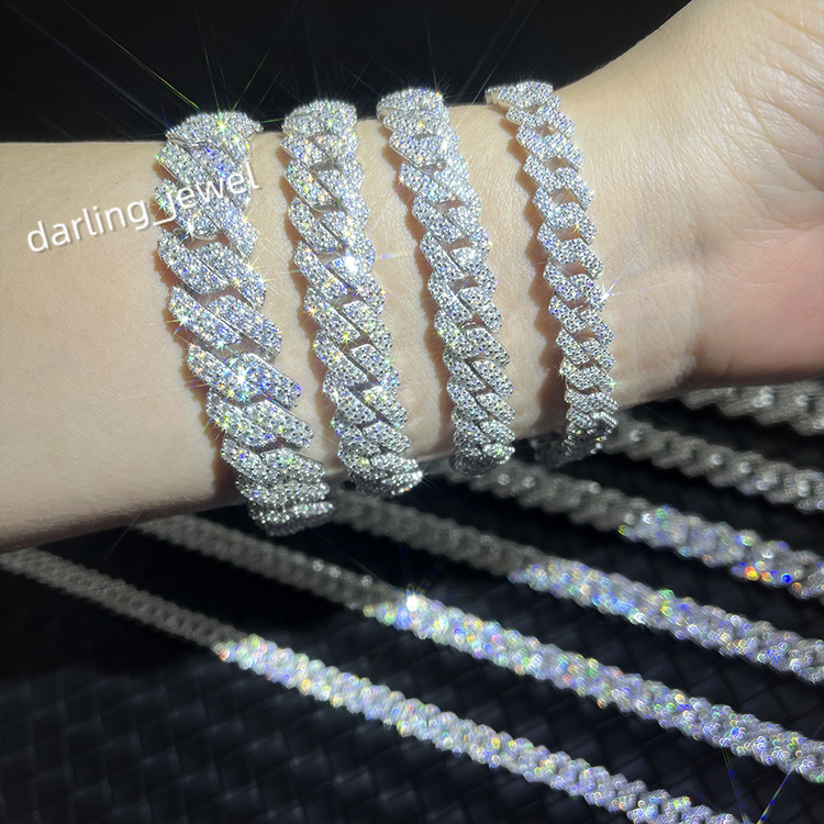 Yy Hot-sale Iced Out 2rows Cuban Chain Bracelets Vvs Moissanite Bracelets 925 Sterling Silver Fine Jewelry Bracelets