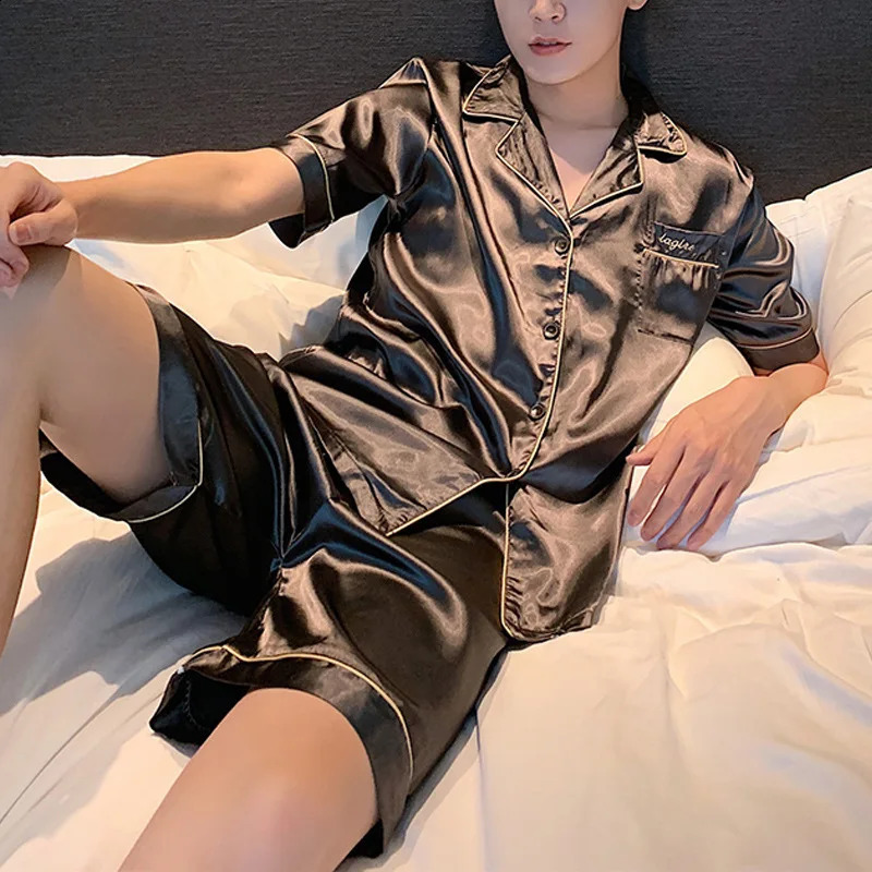 Mens Pajama Set Summer Pajama Ice Silk Short Sleeve Pajama Set Loose Casual Mens L-5XL 250411