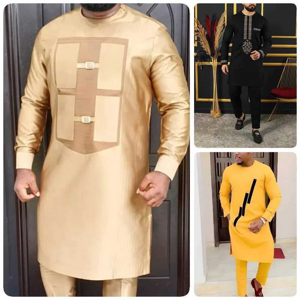 2025 mens elegant long sleeved suit shirt pants 2-piece round neck splicing solid color party long sleeved African ethnic styleXJ250412