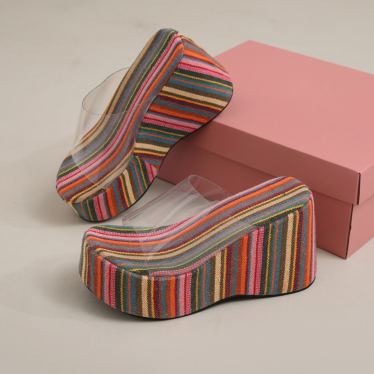 Thick sole sloping heel flip flops for women with high heels, solid color cloth surface beach sandals, slippers