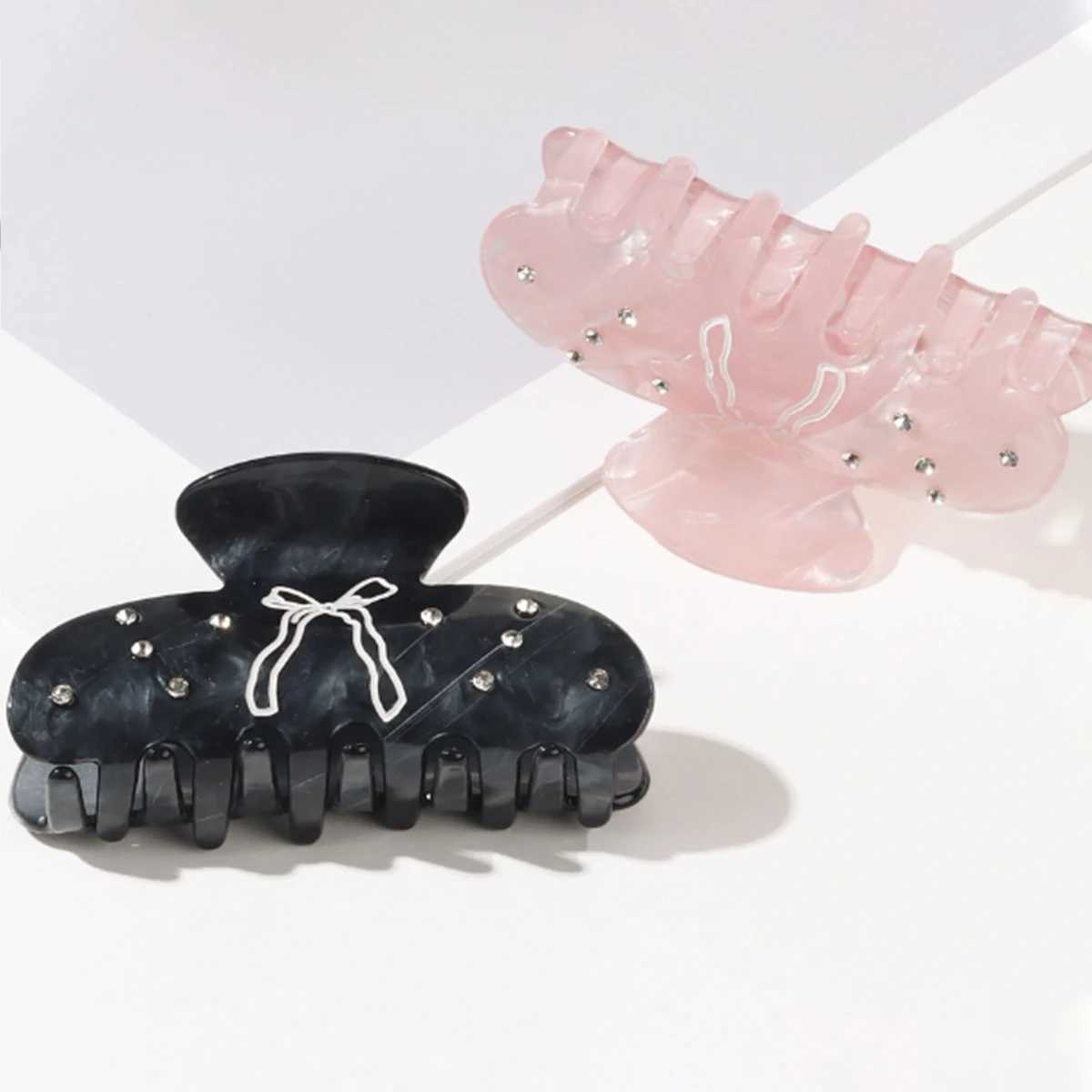 1 piece of French princess style pink and black bow with diamond studs shark clip sweet Updo hair accessories Y2504012