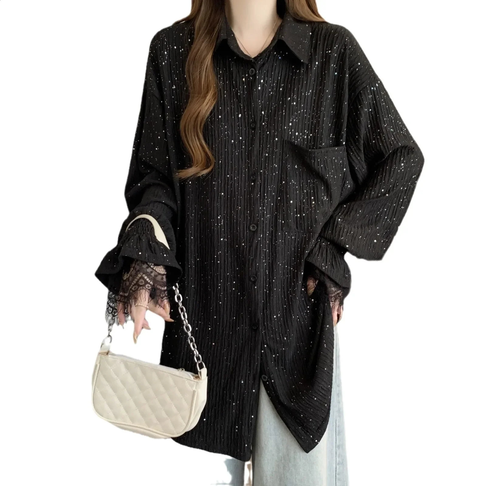 Black Long Sleeve Glitter Top Womens Spring Plus Size Loose Fit Medium Length Top Shiny Fabric Shirt Womens Clothing 250411