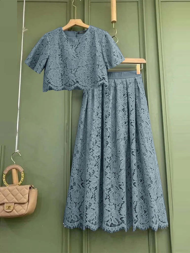 ZANZEA Elegant Openwork Lace Skirt Sets Women Casual Short Sleeve Crop Tops A-line Long Skirts 2pcs Outfits Holiday Party Suits 250411