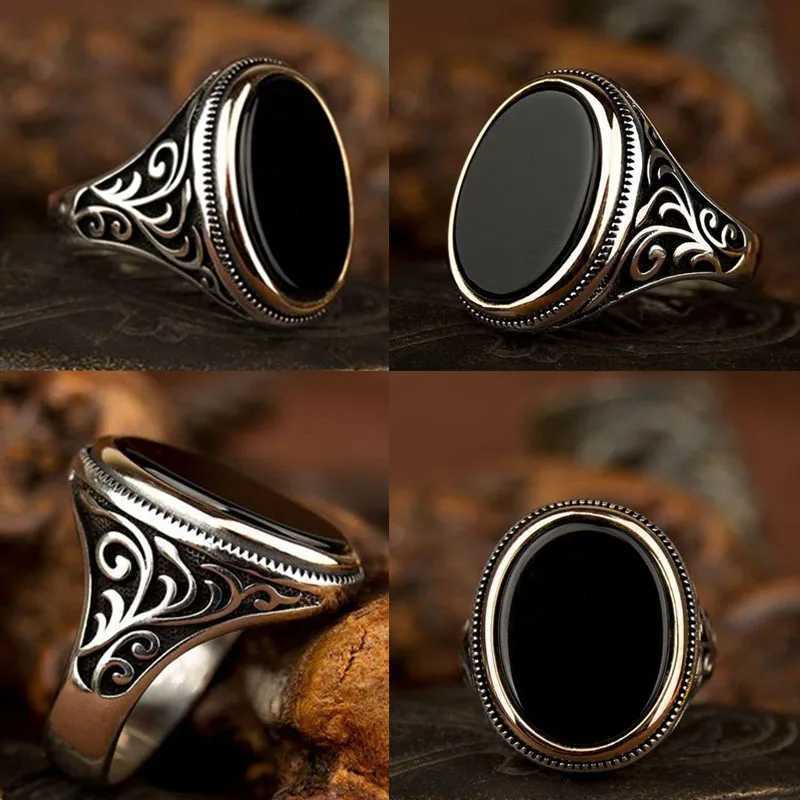 Punkboy Retro Style Mens Ring Craved Pattern Black Eggshell Crystal Silver Ring Mens Party Jewelry Size 6-13XJ250412