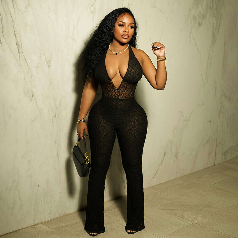 Women's Wear Autumn New Women's Sexy And Fashionable Hanging Neck Deep V-Neck Perspective Lace Strap Back Jumpsuit