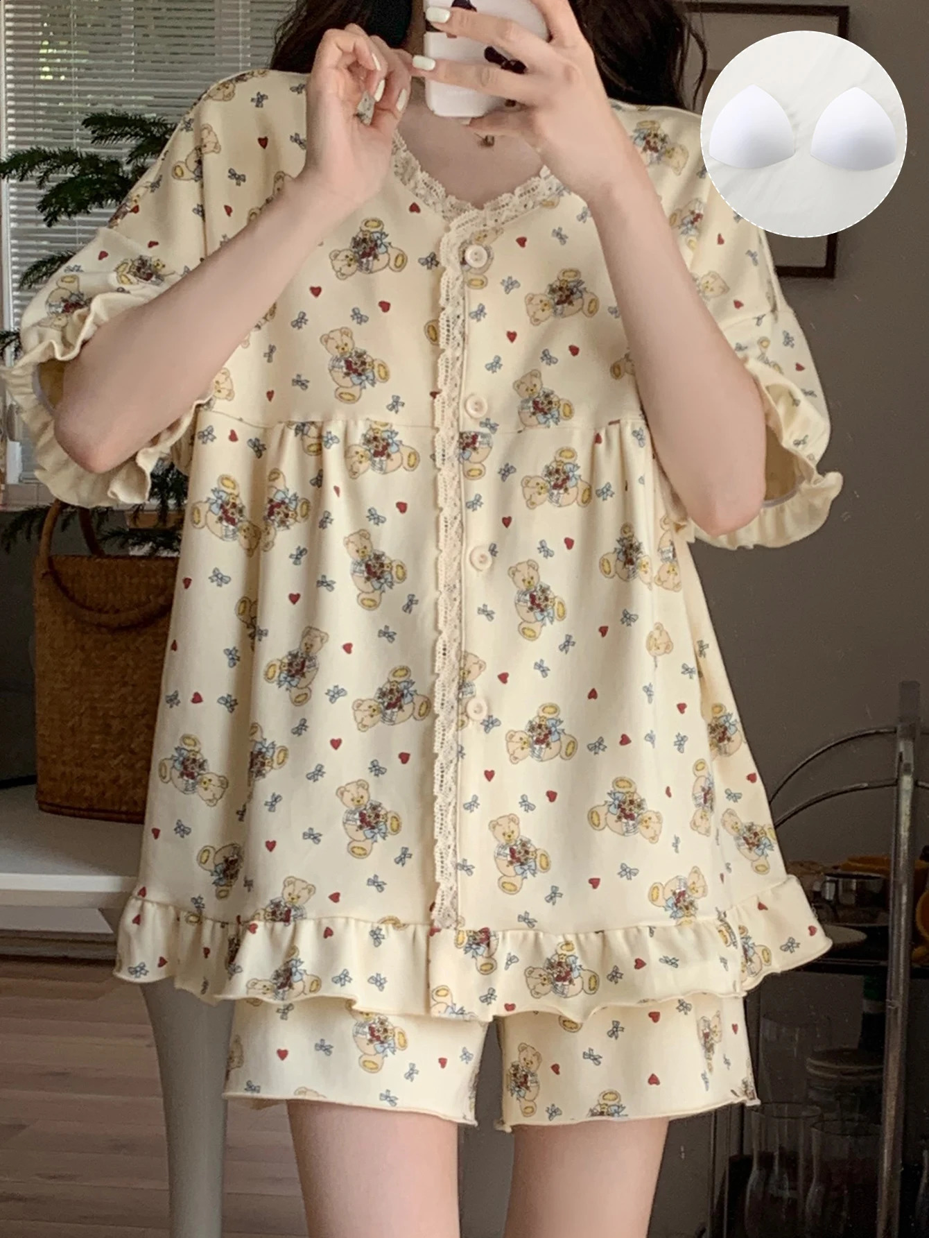 2025 cute lace teddy bear with chest cushion comfortable two-piece pajamas set 250411