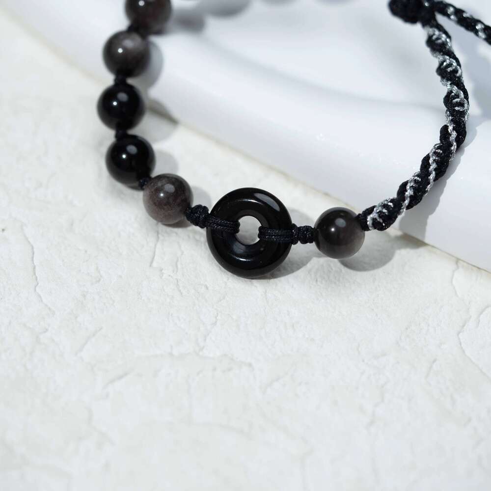 Dunhuang Volcanic Glass Couple's Bracelet Set - Matching Black Obsidian Adjustable Cords for Protection & Connection