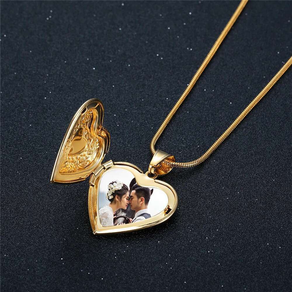 Heart Photo Locket Stainless Steel Necklace For Women Girls Fashion Gold Sier Color Memory Pendent With Snake Chain