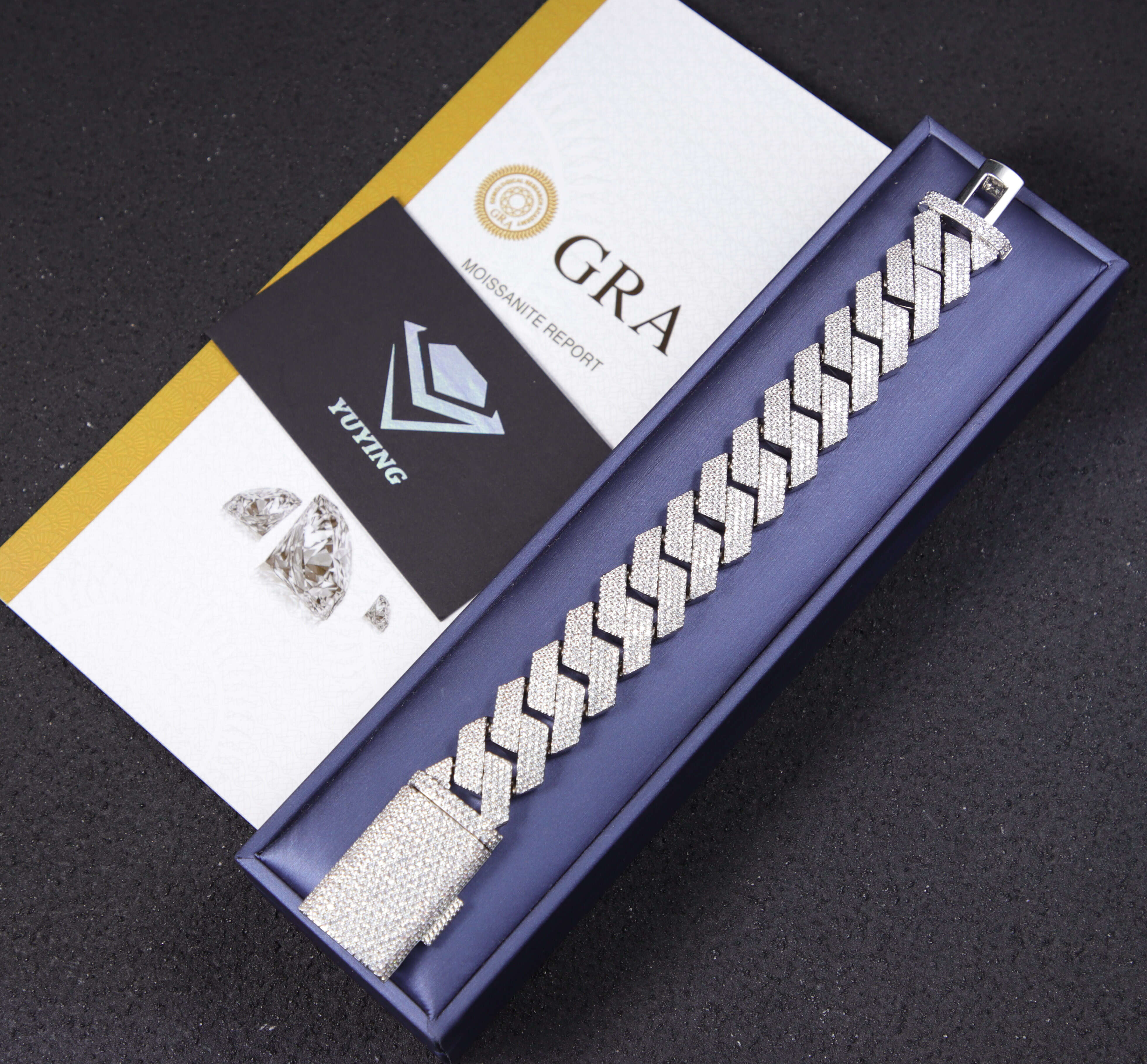 Yu Ying Made Heavy Silver Weight 18k Gold Plated Sterling Silver Cuban Link Moissanite Bracelet for Mens Fashion Hiphop Jewelry