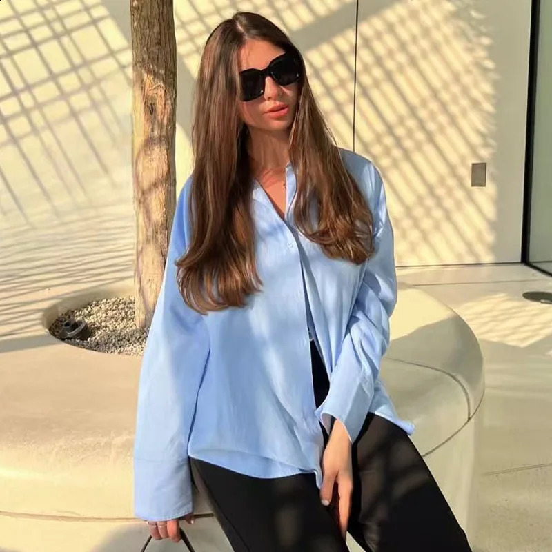 TRAF Womens Blue Shirt Plus Size Long Sleeve Blouse Woman 2025 Shirts Blouses Button Up Oversized Shirt Korean Style Shirts 250411