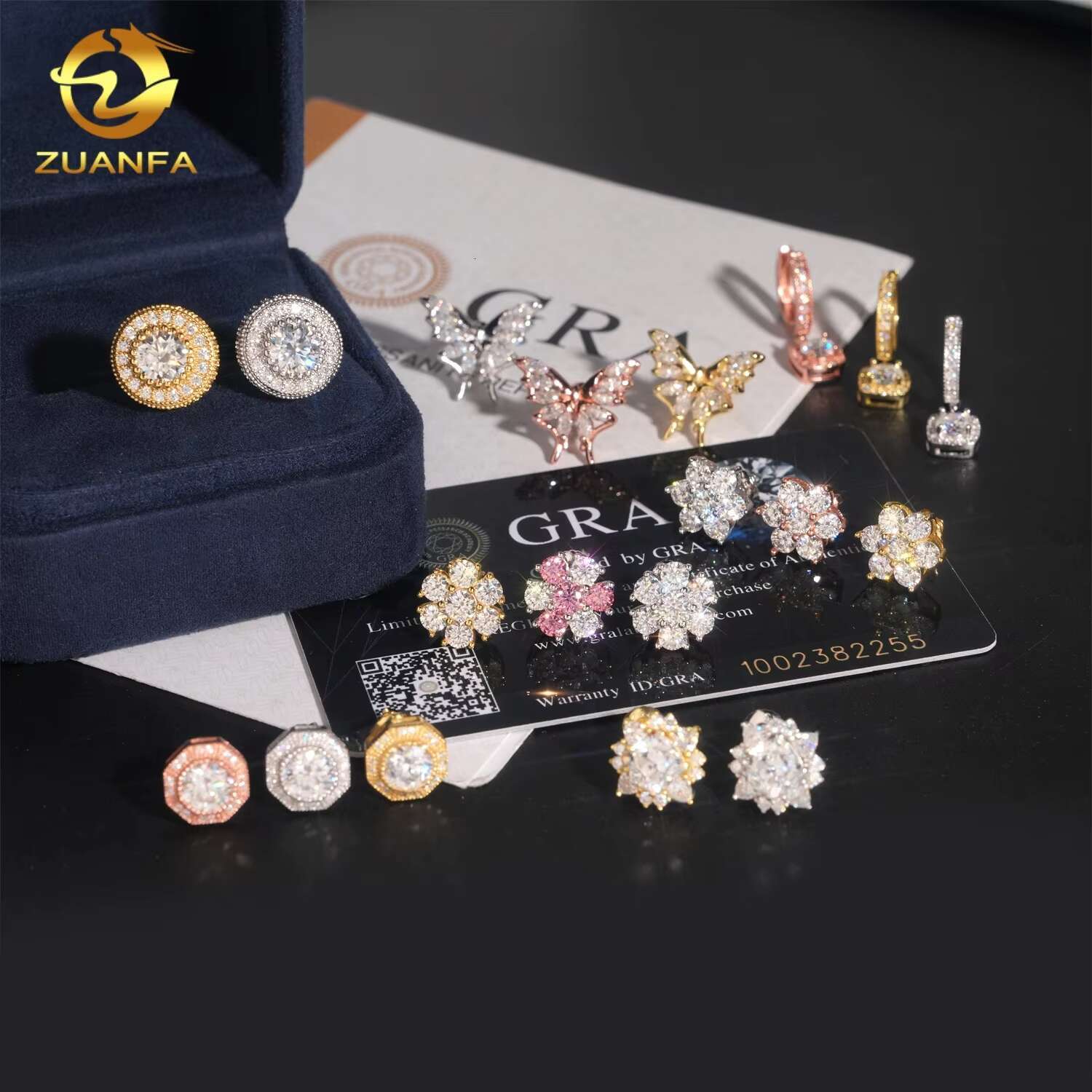 Hip Hop 925 Silver Iced Out Butterfly Flower GRA Certificate Women Mens VVS Moissanite Earrings