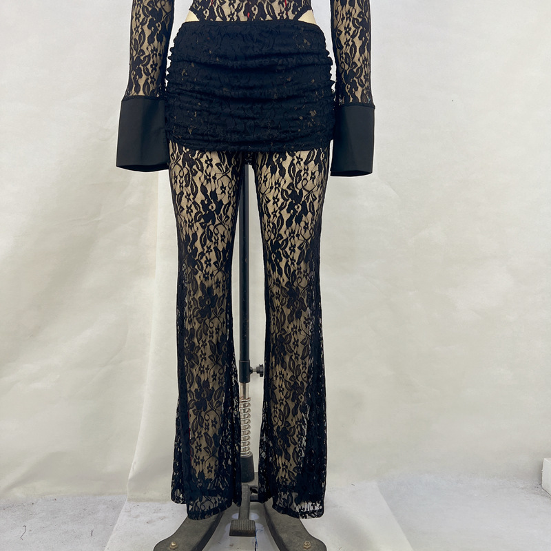 BOOFEENAA See Through Lace Red 2 Piece Set Tube Top and Flare Pants Sexy Nightclub Summer Outfits for Women C85-EE20 250408