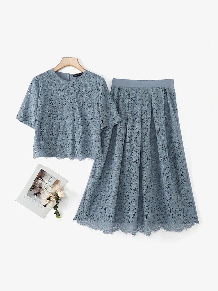 ZANZEA Elegant Openwork Lace Skirt Sets Women Casual Short Sleeve Crop Tops A-line Long Skirts 2pcs Outfits Holiday Party Suits 250411