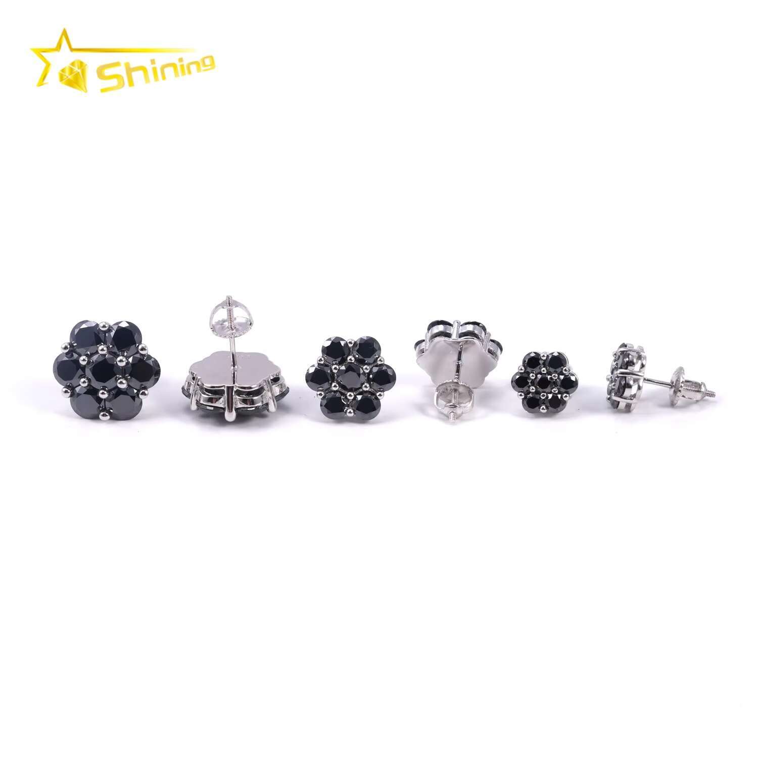 Hot Sale Fine Jewelry Black Diamond Hip Hop Iced Out 925 Sterling Silver Flower Moissanite Earrings
