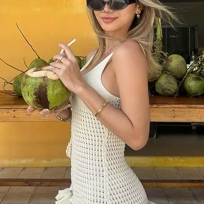 Spring and Summer women's solid color seaside beach casual vacation sweater dress chest three-dimensional flowers white dresses classy---NBS006