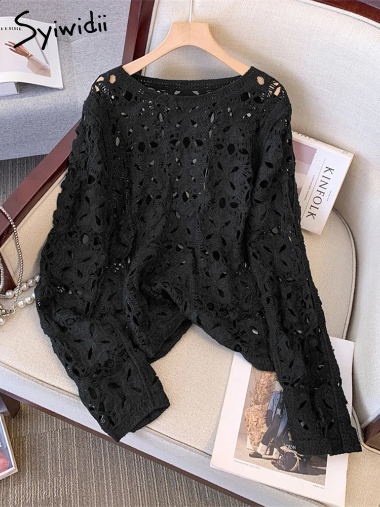 Syiwidii Pullovers for Women O-Neck Hollow Out Casual Knitted Tops Spring 2025 Fashion Long Sleeve Female Stretch Jumpers 250411
