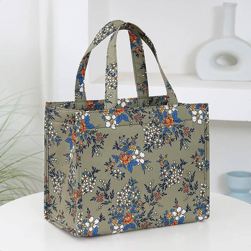 nylon printed thick capacity large handbag work portable zipper semi closed lunch box storage bag bento bag 250410