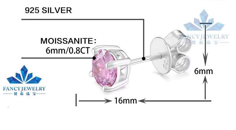 Trendy Simple Classic Fancy Sterling Silver 6mm 0.8carat champagne pink Blue Color Vvs Real Moissanite Stud Earrings