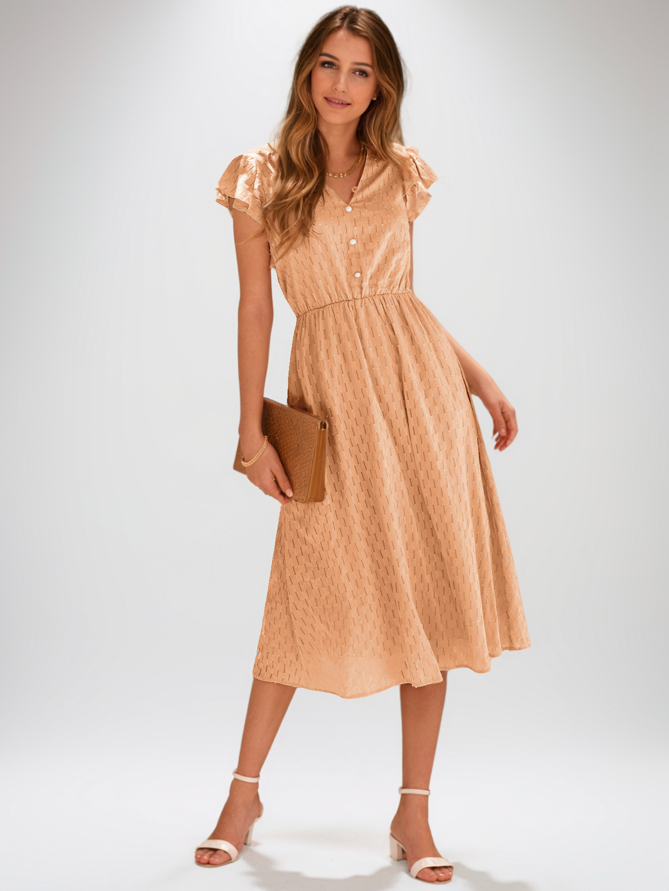 H616Spring and summer new European and American leisure solid color V-neck waist fresh style women's dress