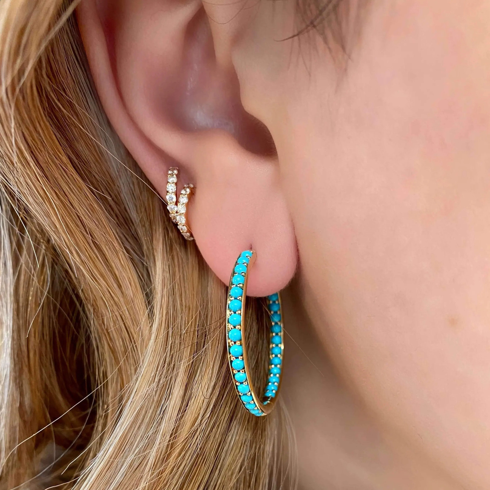 Golden Fashion Classic Womens Jewelry Fork Set Blue Turquoise Hugging Earrings 250409