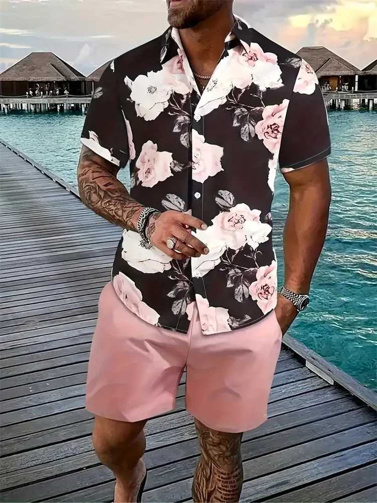 Mens Hawaiian shirt set mens 3D printed short sleeved shirt two-piece summer beach collar shirt set unisex casual clothingXJ250412