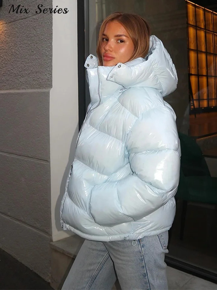 Fashion Glossy Padded Jacket Womens Solid Hooded Long Sleeve Warm Down Coat Autumn Winter Lady Casual Outerwear 251111