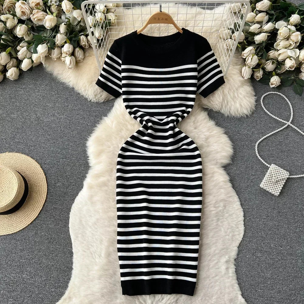 Summer striped beach knit dress Oneck short sleeved fashionable sweetheart ultrathin sun skirt streetwear Y2K Bodycon Midi 250411