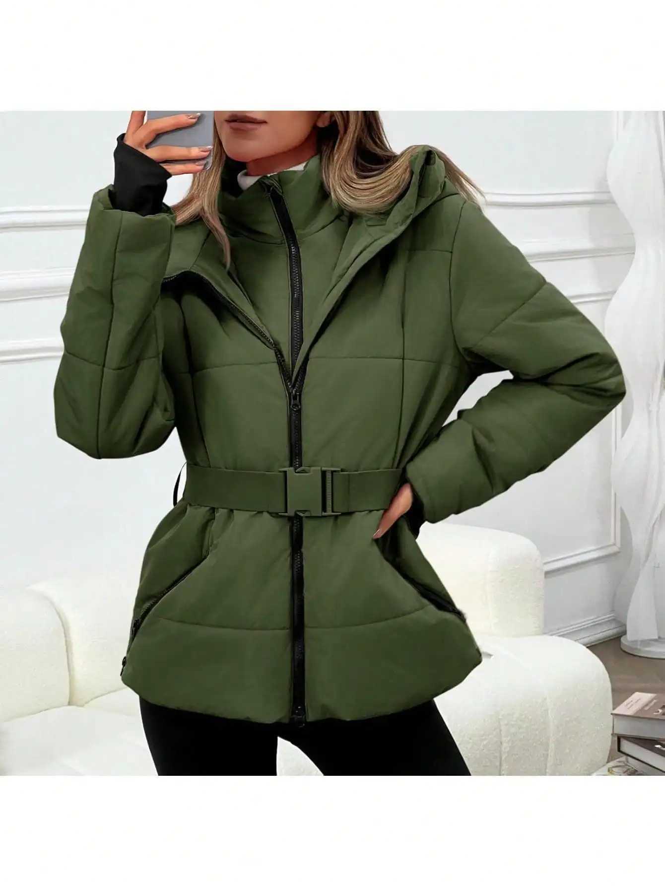 Fisoew womens Belted Puffer Jacket Womens Waterproof Ski Coat With Hood Quilted Winter Snowsuit Aesthetic Z251106