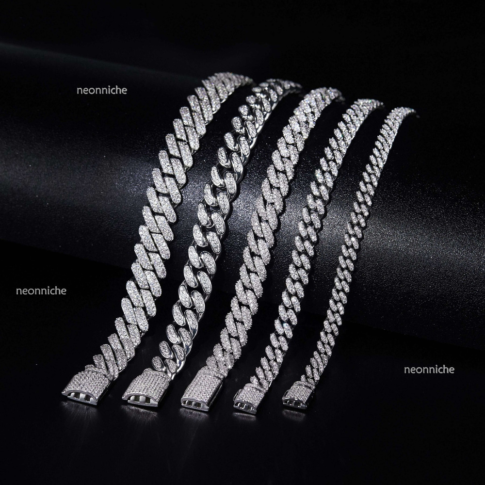 Qian Jian Gems Sier Custom 15mm Prong Moissanite Miami Cuban k Chain Passes Dia Test VVS Hip Hop Style Necklace