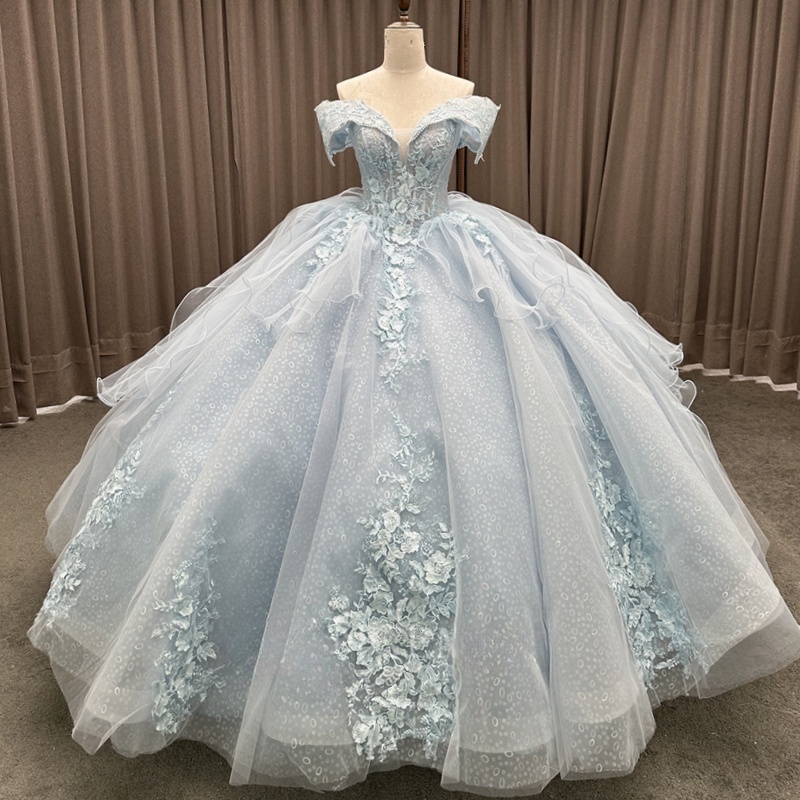 Light Blue Shiny Princess Quinceanera Dresses Off Shoulder Beading Applique Lace Tull Sweet 16 Dress Ball Gown Vestidos 15 Anos