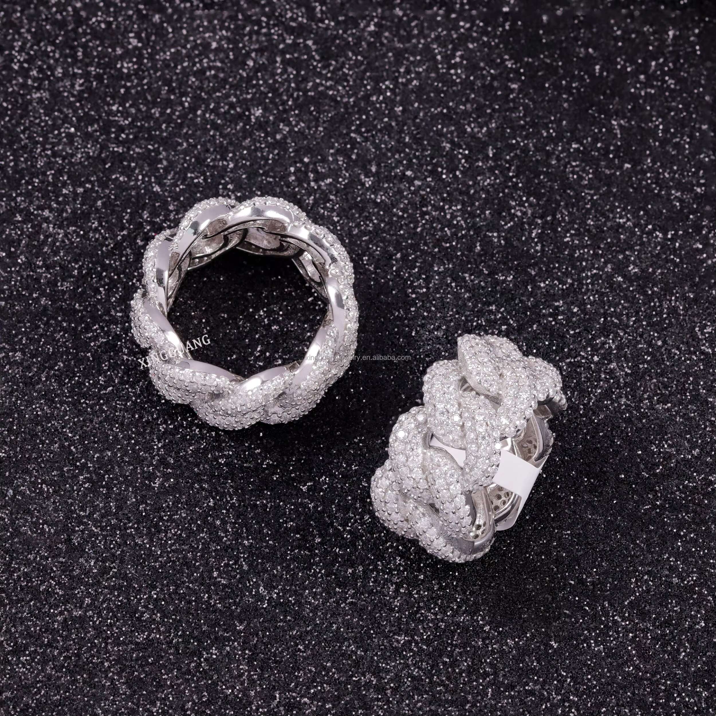 Hot Sale in Stock Iced Out Moissanite Cuban Ring Jewelry 925 Sterling Silver Men Hip Hop Ring VVS Moissanite Diamond Cuban Ring