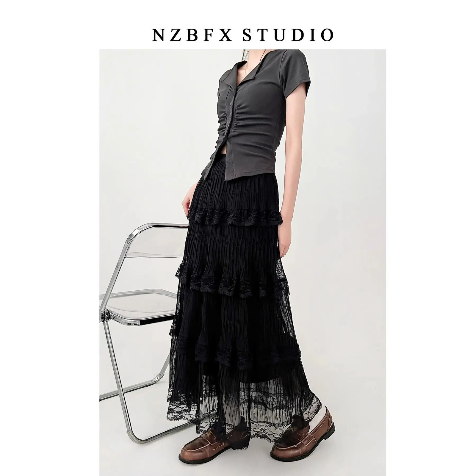 French Apricot Cake Skirt for Women Lace A-line Skirt Mid-length Skirt Slightly Fat Long Skirt 250411