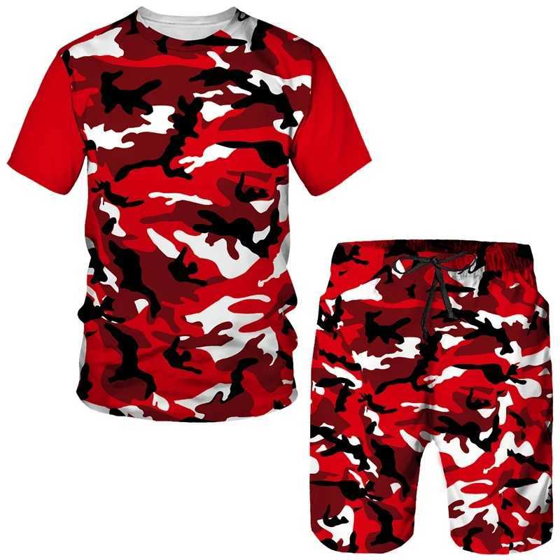 Summer mens shorts set mens street T-shirt two-piece 3D camouflage printed casual sportswear O-neck sportswearXJ250412