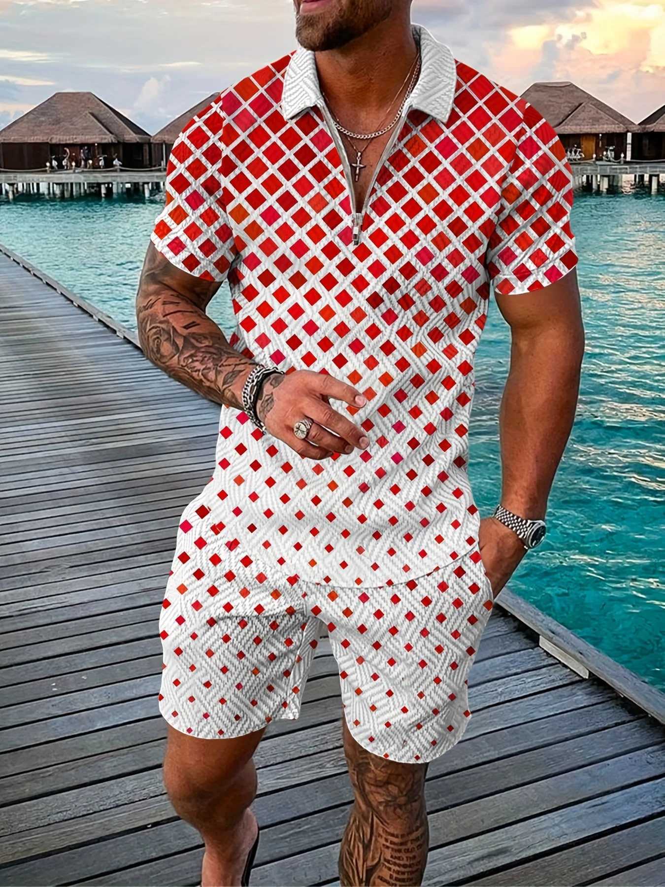 Summer new mens sportswear 3D printed short sleeved zipper polo shirt 2-piece set for mens oversized streetwearXJ250412