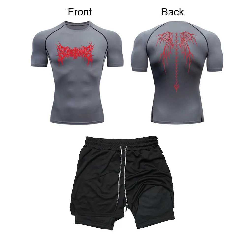 Mens Y2K skeleton printed sportswear fitness compression shirt+2-inch performance shorts summer fitness running set W250412
