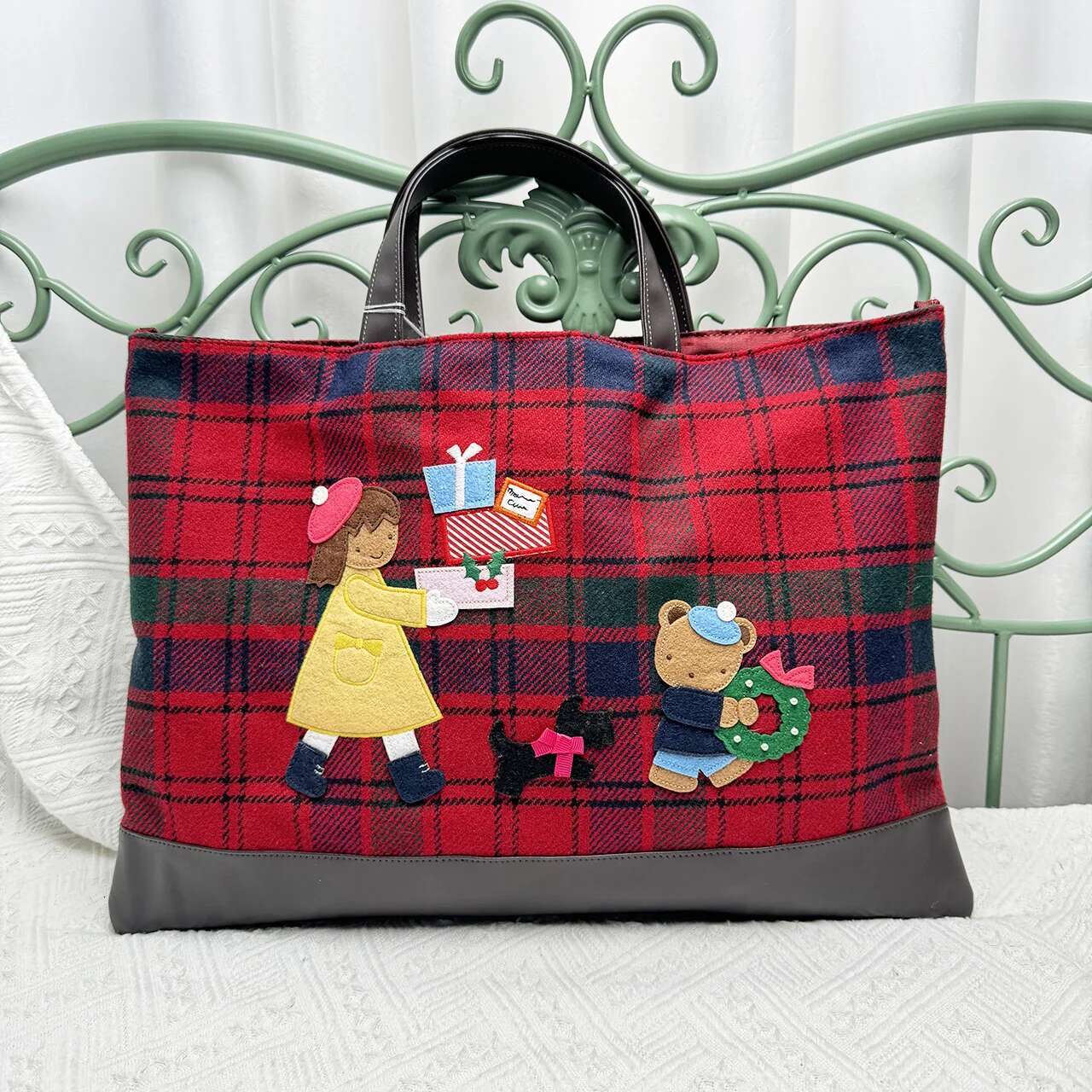 Kawaii Cute Cartoon Ladies Horizontal Checkered Square Denim Embroidery Bag Handbag 576701