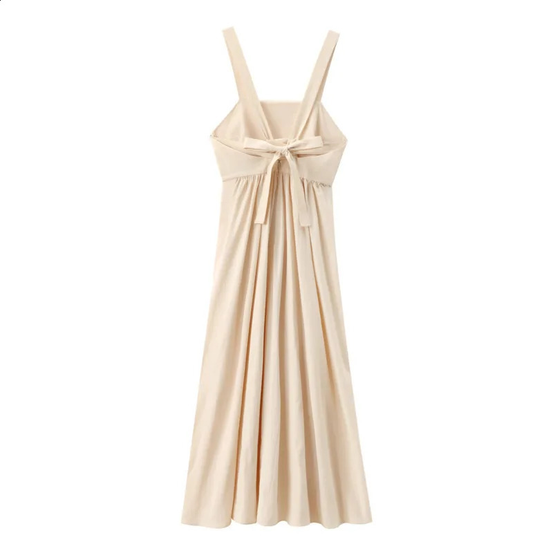 Wxw48 khaki backless Aline pleated dress for women sexy sleeveless spaghetti strap midi French style retro Camisol 250411