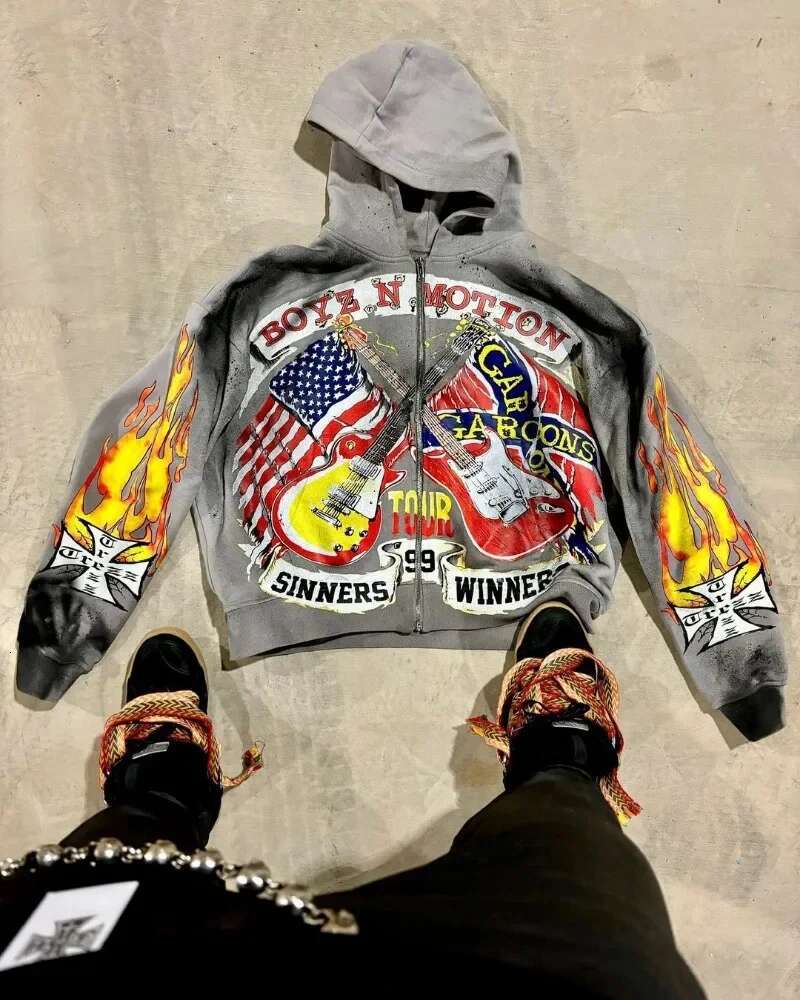2024 European and American High Street Hip-hop Rock Zipper Hoodie Women Y2k Casual Loose Jacket Retro Oversized Sweatshirt Men
