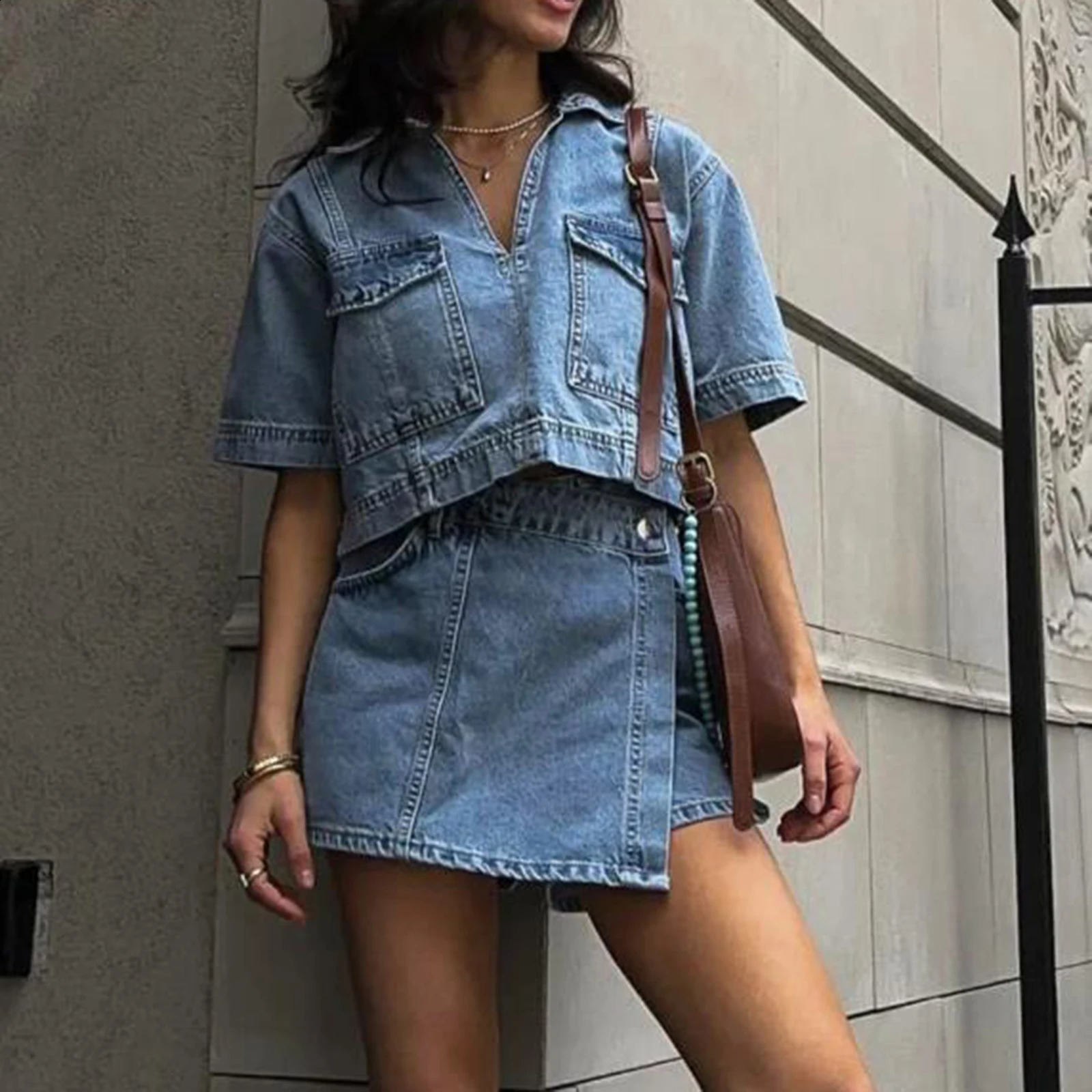 hirigin Chic Women Denim 2 Piece Set V Neck Short Sleeve Jean Tunic Tops Irregular Hem Mini Skirt Shorts Set Y2K Streetwear 250411