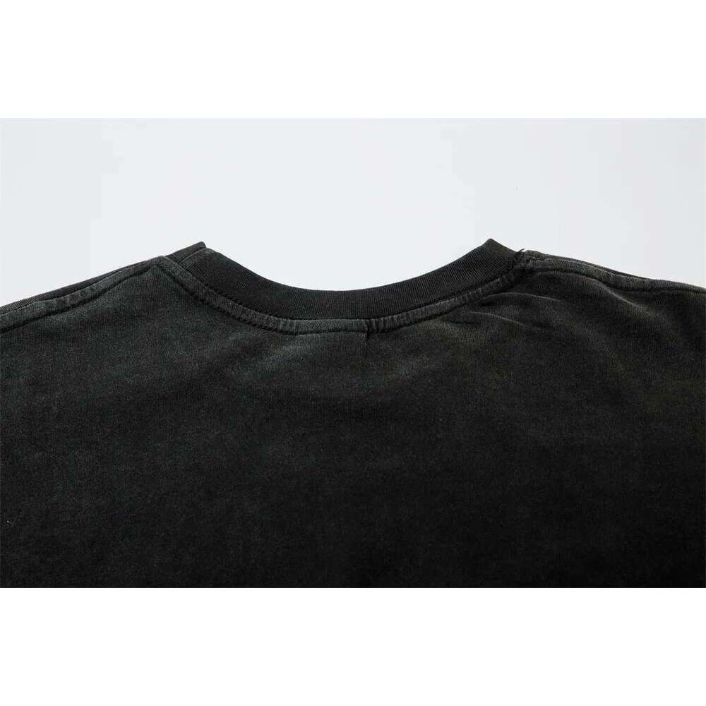 Flame Print Fake Two Pieces T-Shirt Mens Spliced Autumn High Street Washed Distressed Crew Neck Long Sleeve Loose Cotton Tee Men
