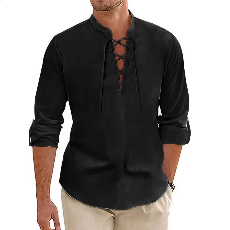 Mens Casual Long Sleeved TShirt Autumn Medieval Vintage Cotton Linen Shirts Halloween Streetwear Breathable Lace-up Streetwear 250411