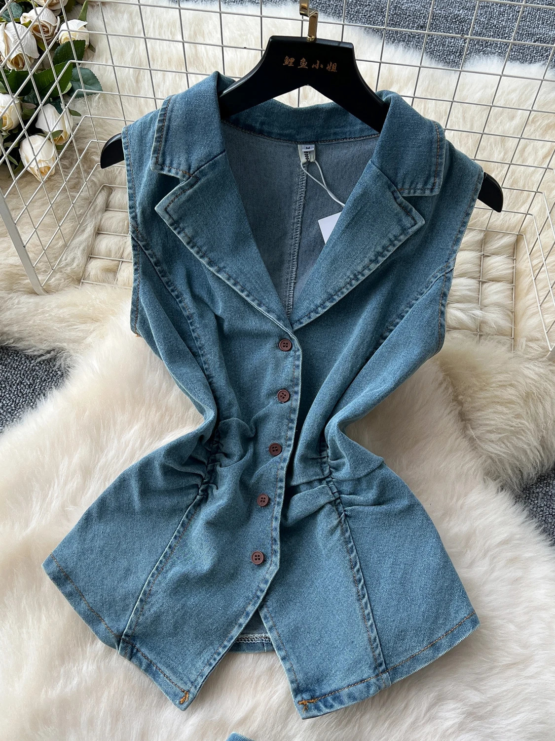 Denim 2 Piece Sets Woman Turn Down Collar Sleeveless Single Breasted Tops High Waist Pleated Skirt Summer 2025 Sweet Suit 250411
