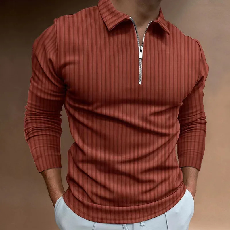 mens autumn and winter solid color lapel casual sports polo shirt with zipper long sleeves and high elasticity 250411