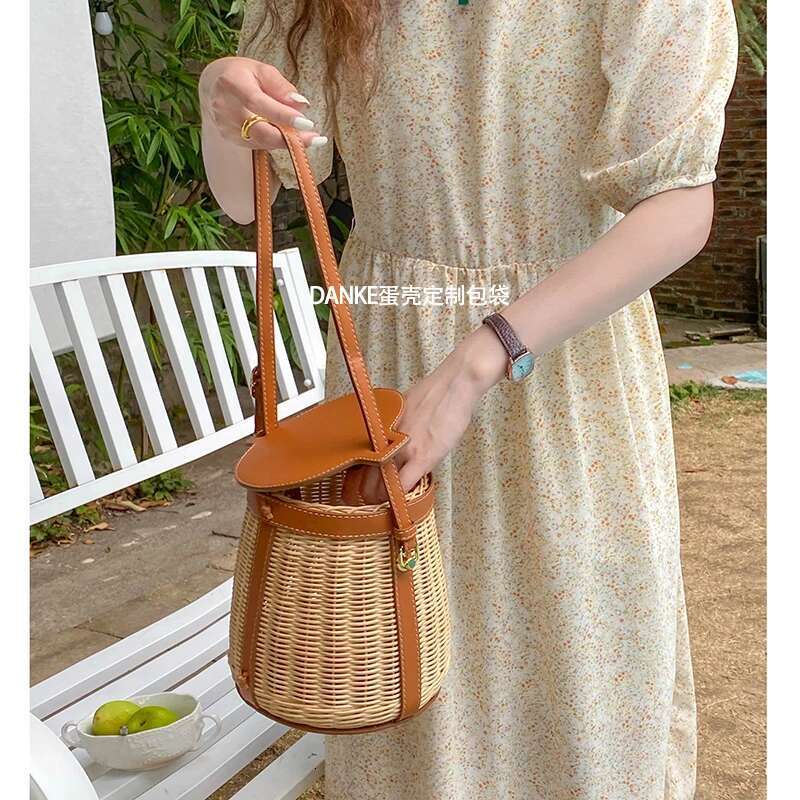Bucket Single Shoulder Rattan Niche Design Bamboo Woven Portable Picnic Vegetable Basket Bag