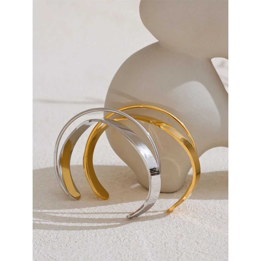Yhpup Gold Silver Color Stainless Steel Smooth Metal Geometric Cuff Open Bracelet Bangle Waterproof Trendy High Quality JewelryC250411